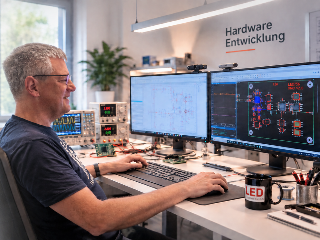 Hardware-Entwicklung am Arbeitsplatz mit Schaltplan und Leiterplattenlayout